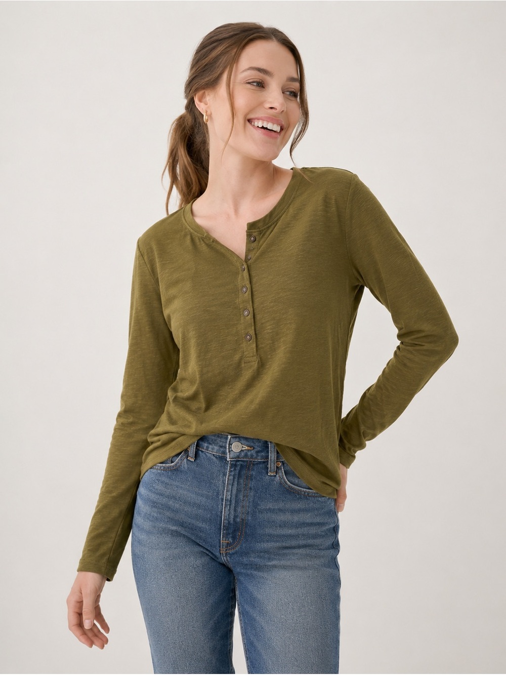 Pact Women's Lizard London Slub Henley Size Large Natural Fibers Featherweight